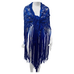 1970s Cobalt Blue Rayon Ribbon Macrame Shawl with Extravagant Fringe