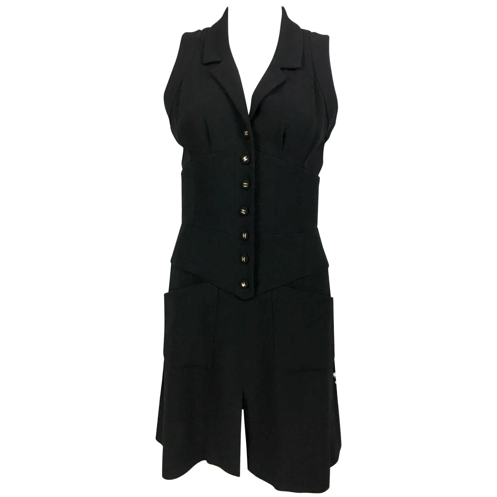 Chanel Black Waistcoat-Style Wool Dress With Logo Buttons - 1990s