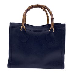 Gucci Vintage Black Leather Bamboo Princess Diana Tote Bag