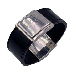 Used Gucci Sterling Silver 925 Black Leather Bangle Cuff Bracelet