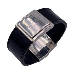 Gucci Sterling Silver 925 Black Leather Bangle Cuff Bracelet