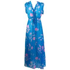 1970s Zandra Rhodes Blue and Pink Seashell Print Sleeveless Caftan Dress 9