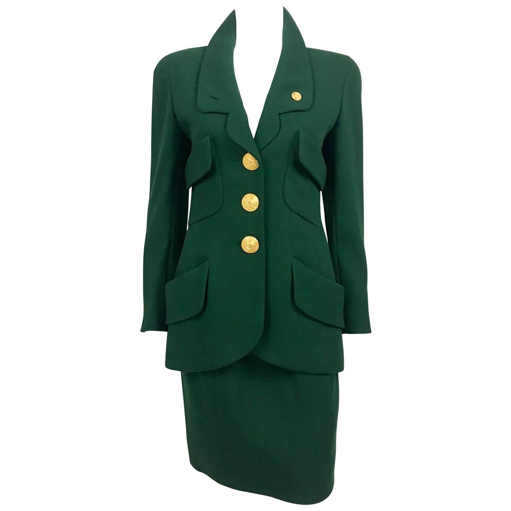 Chanel Bottle Green Wool Suit With Large Gold-Tone Logo Rope Buttons - 1992