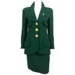 Vintage Chanel Bottle Green Wool Suit With Large Gold-Tone Logo Rope Buttons - 1992