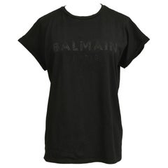 Balmain Paris Nero Maglietta Top Abbellimento Manica a Cappuccio Girocollo Cotone XS