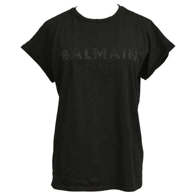 BALMAIN PARIS Black T-Shirt Top Embellishment Cap Sleeve Crew Neck 