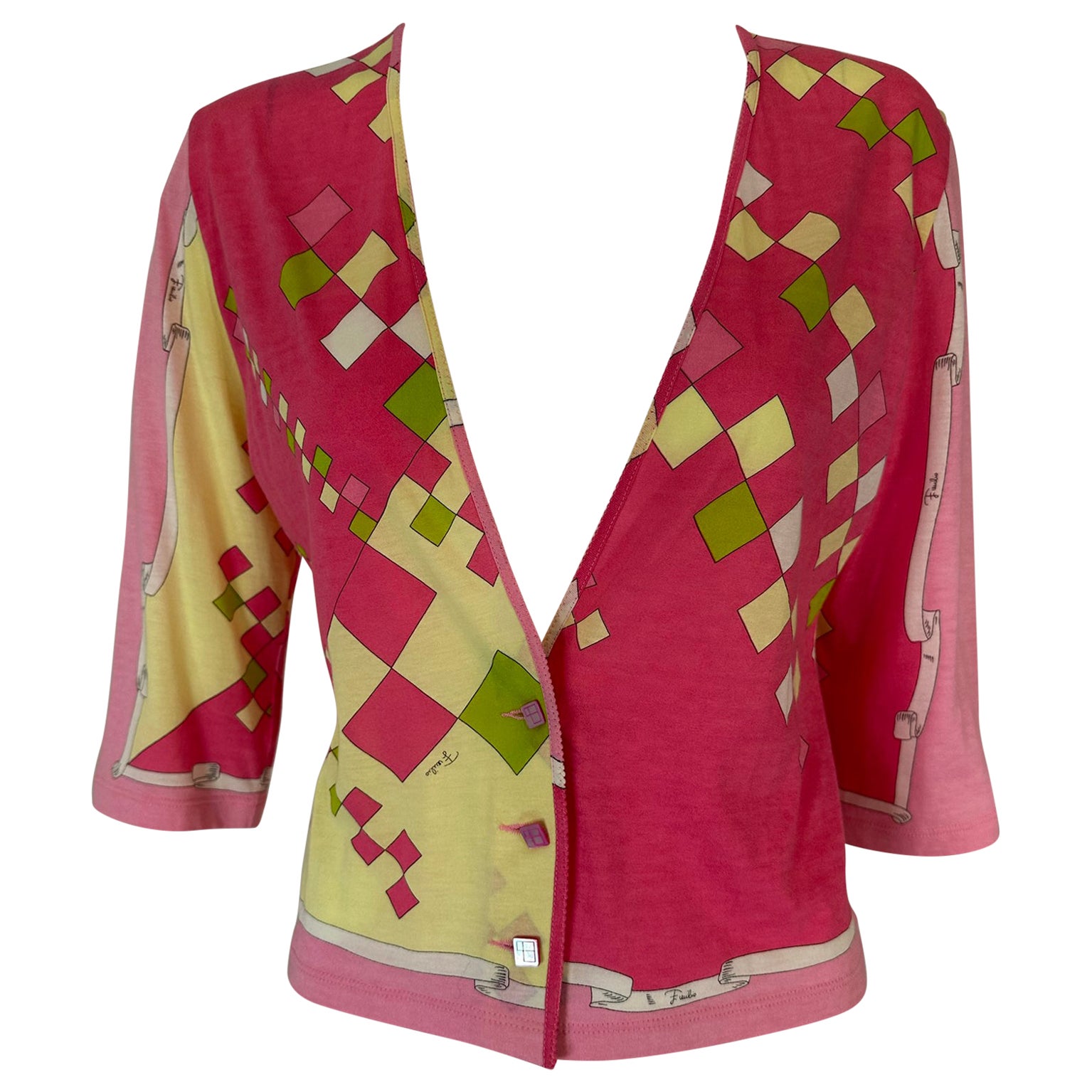 Emilio Pucci - Cardigan à col V en maille de coton et de soie fine taille 8 en vente