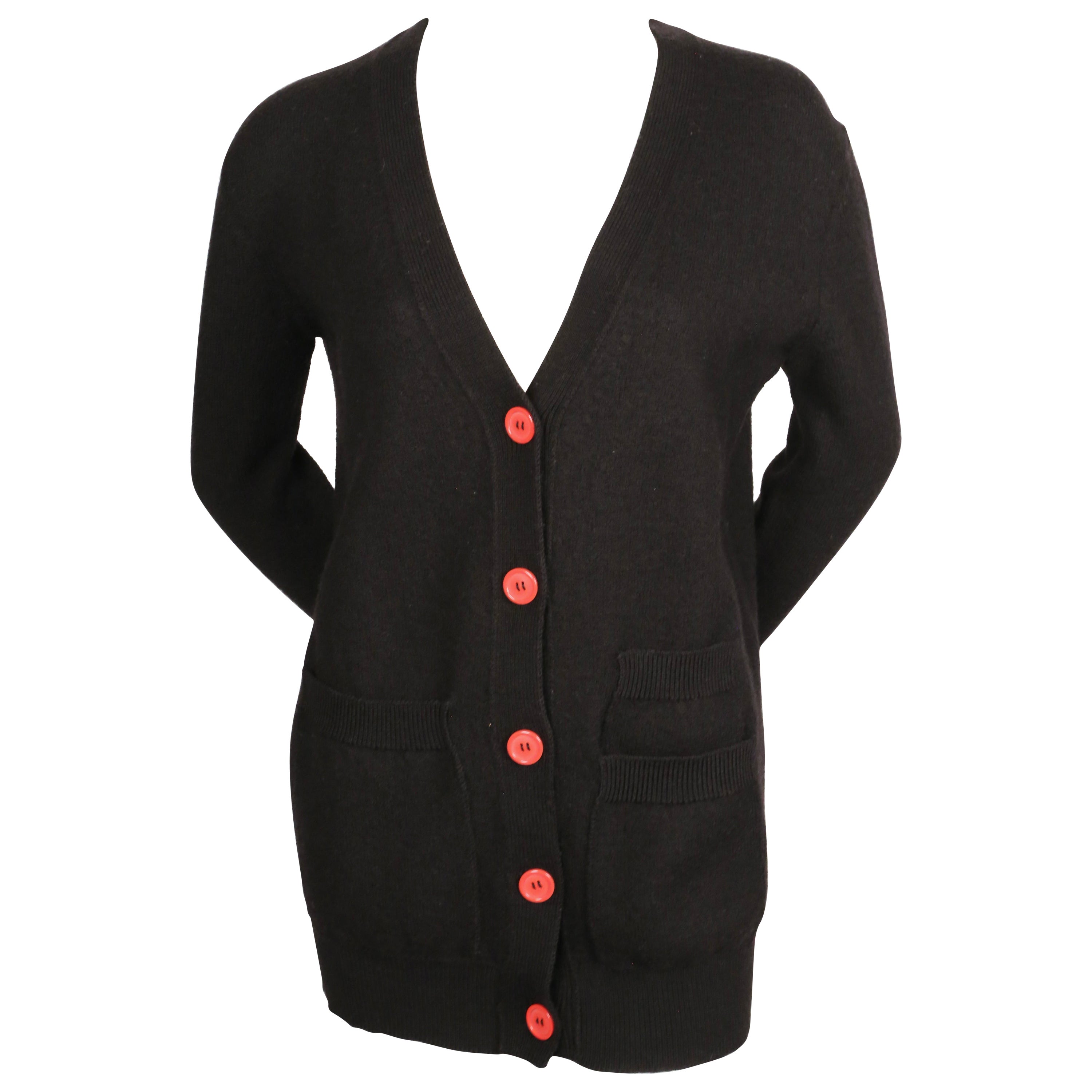 CELINE by PHOEBE PHILO black boucle knit cardigan with red buttons For Sale
