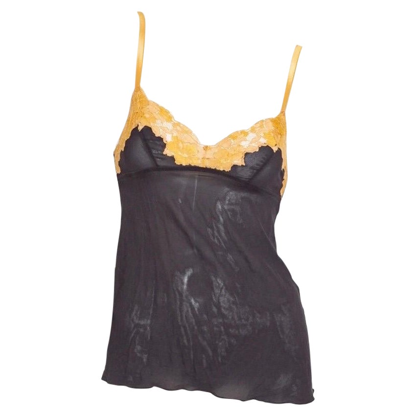 Dolce & Gabbana Vintage Brown Silk and Yellow Lace Cami Top (2000s) For Sale