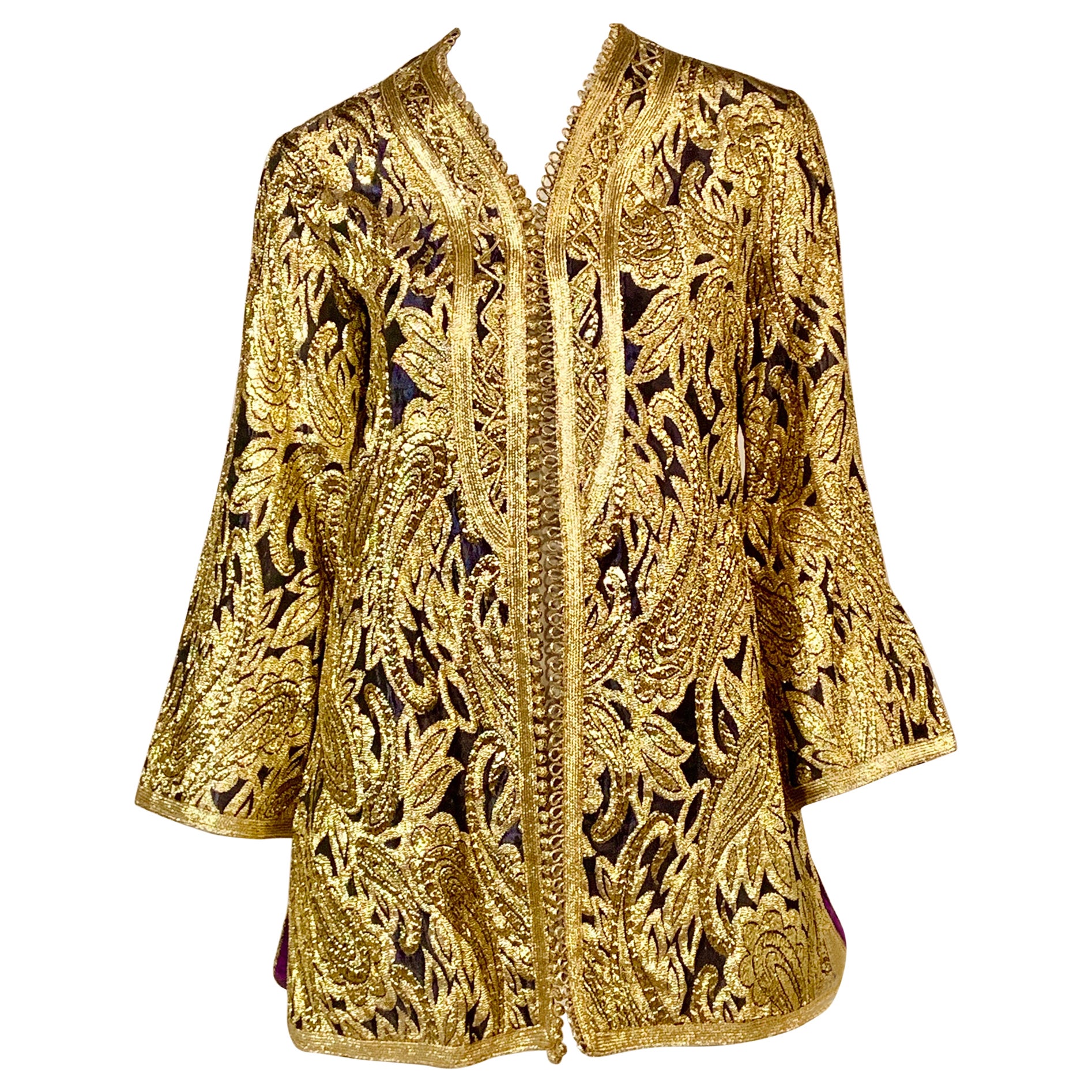 1970's Paraphernalia Moroccan Jacket Purple Silk with Bright Gold Metallic  For Sale