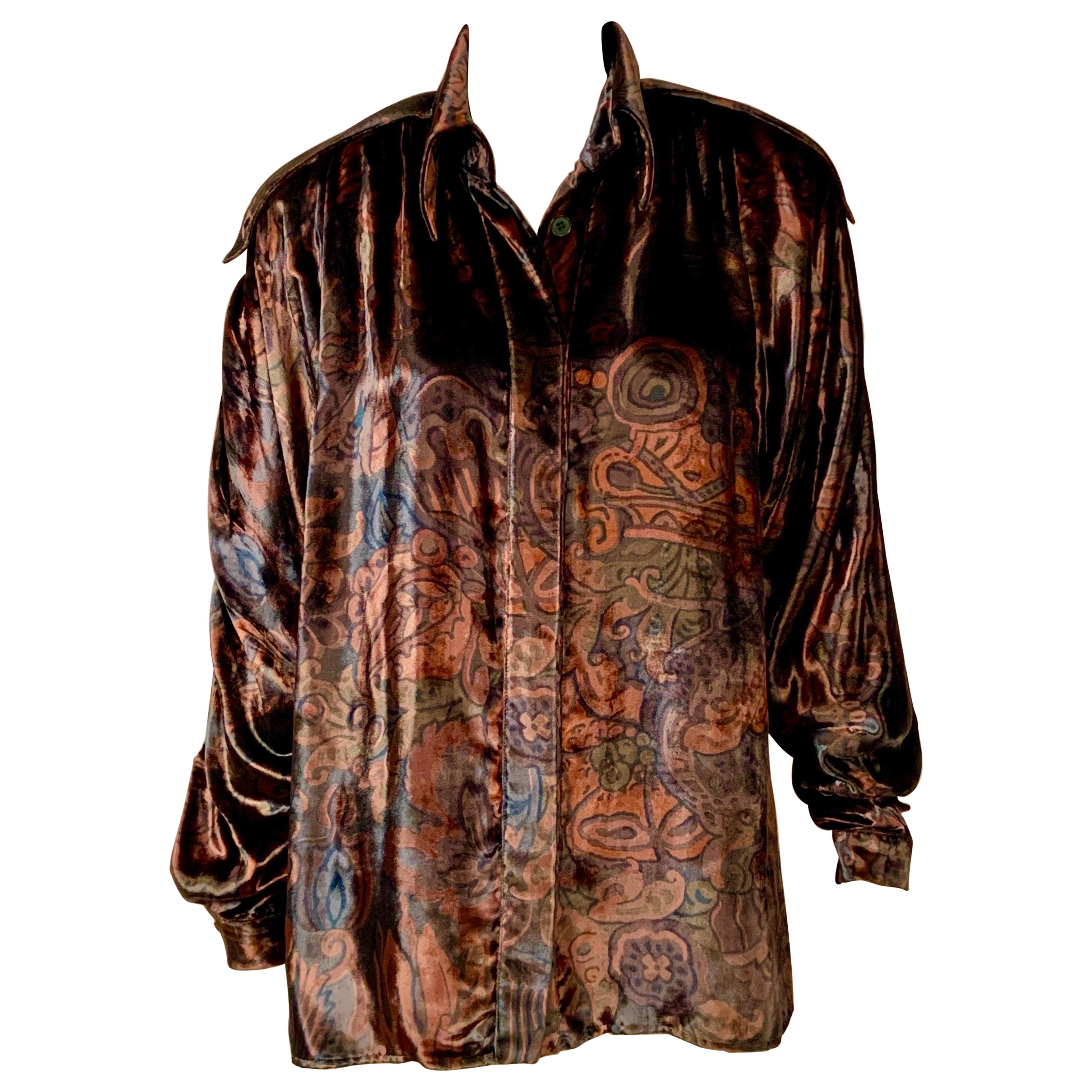 Fendi Copper and Charcoal Printed Panne Velvet Blouse For Sale