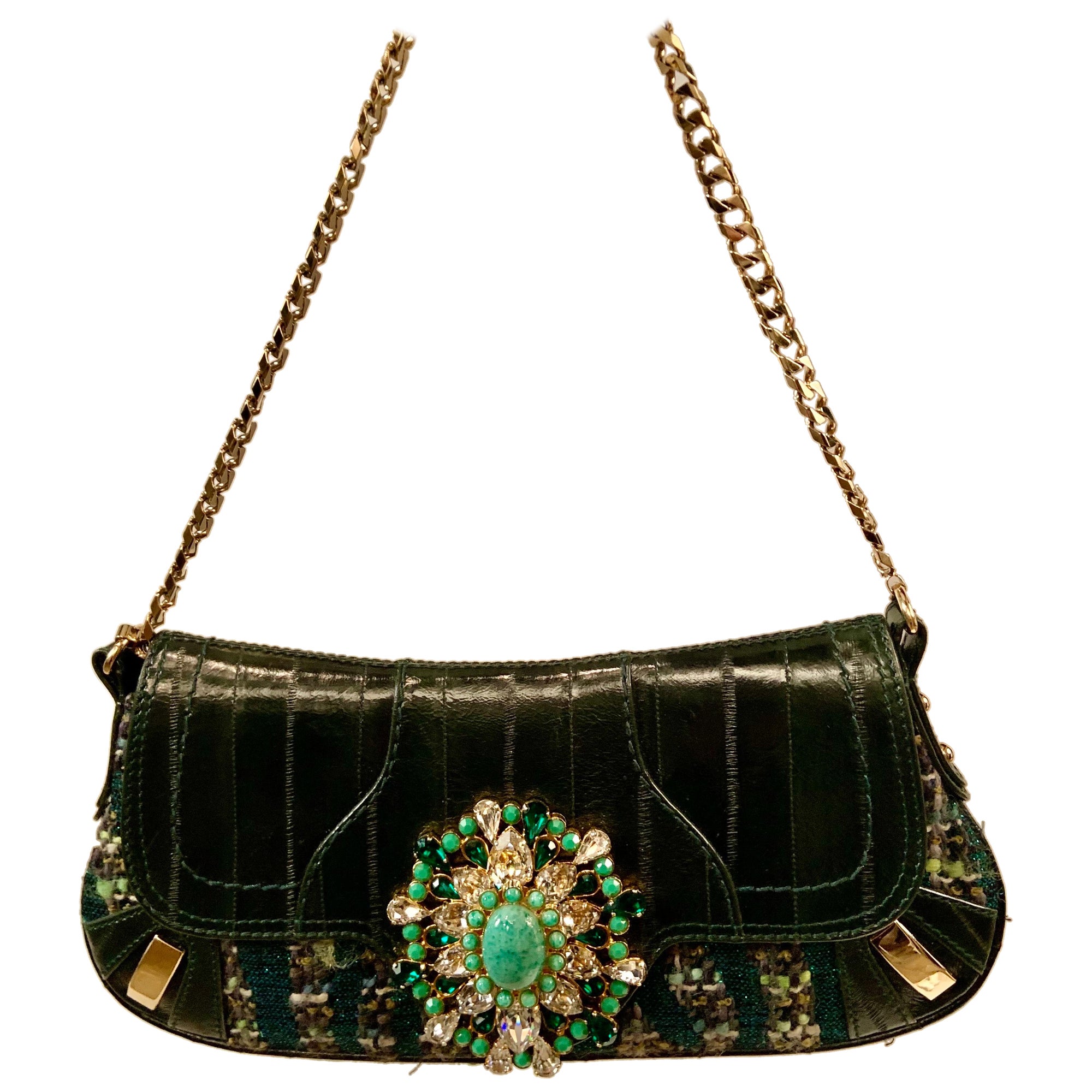 Dolce & Gabbana Green Leather and Tweed Bag with Oversized Jewel Clasp For Sale
