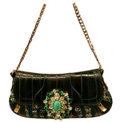 Dolce & Gabbana Green Leather and Tweed Bag with Oversized Jewel Clasp
