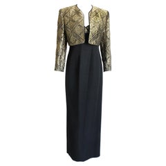 Louis Feraud Evening Gown and Jacket 2pc Long Gold Metallic Brocade Vintage 90s 