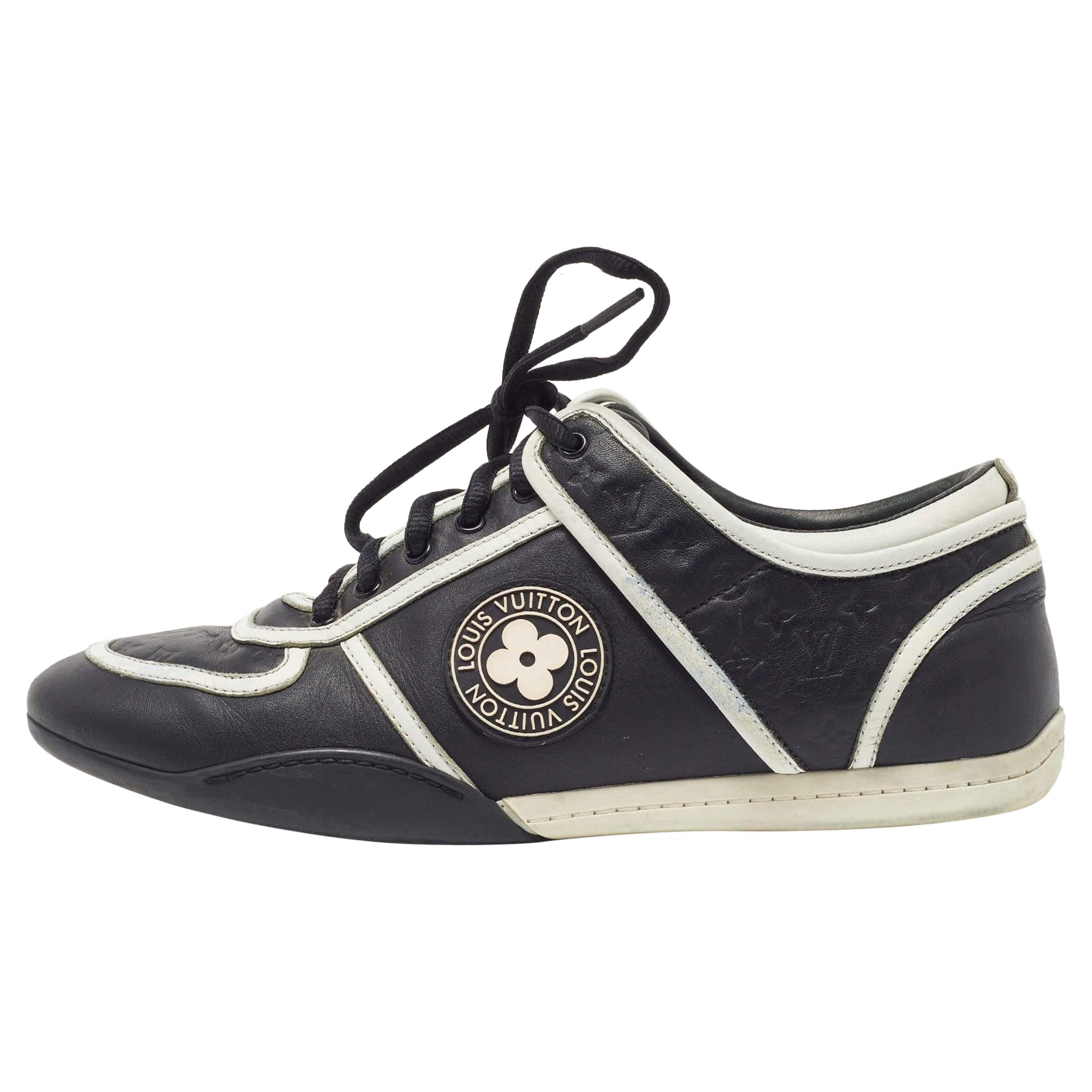 Louis Vuitton Black/White Monogram Embossed Leather Low Top Sneakers  For Sale