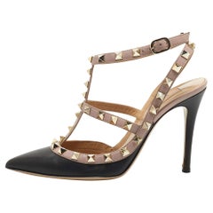 Valentino Black/Beige Leather Rockstud Strappy Pointed Toe Pumps