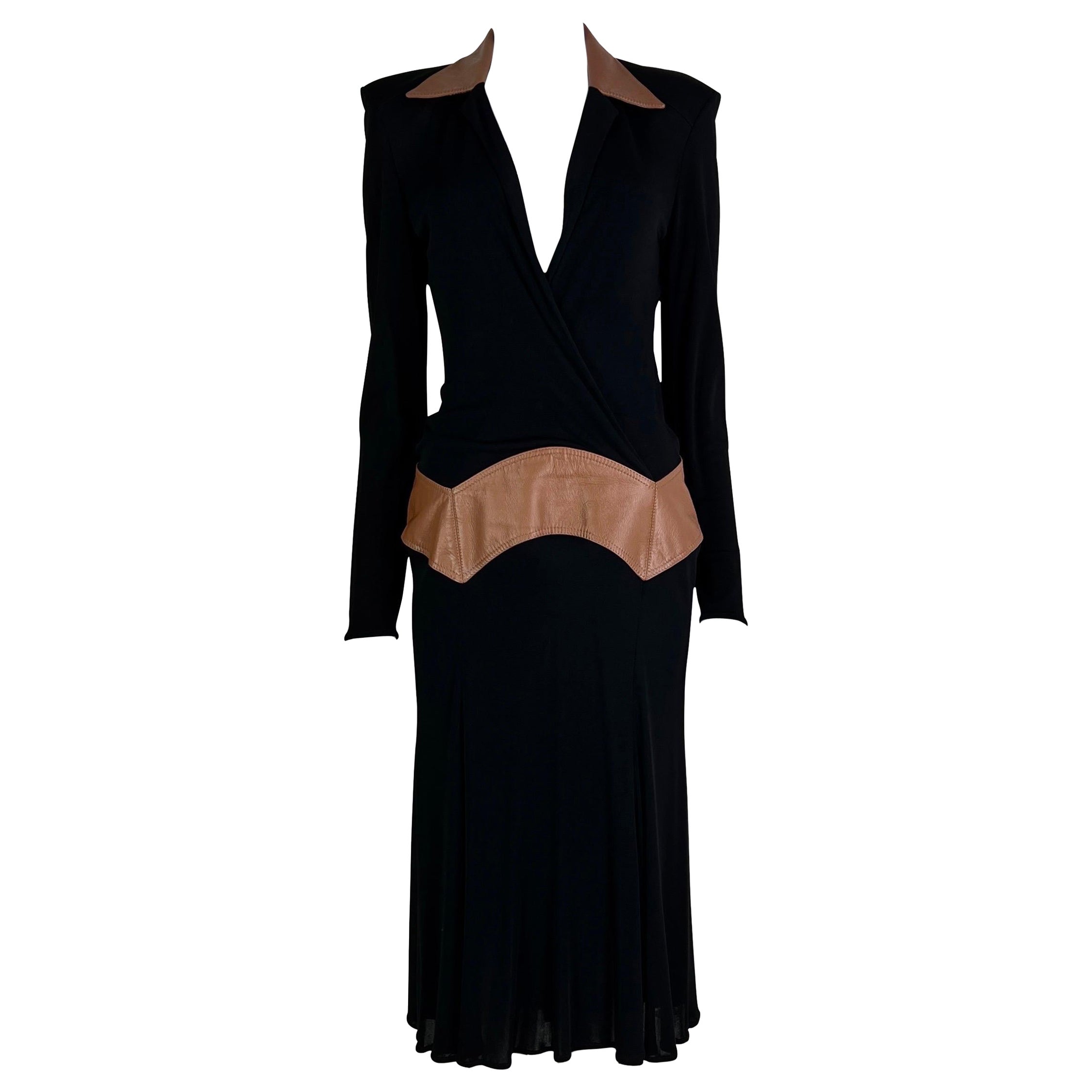 Versace Fall 2001 Black Jersey Tan Leather Plunge Neck Dress