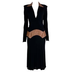Versace Fall 2001 Black Jersey Tan Leather Plunge Neck Dress