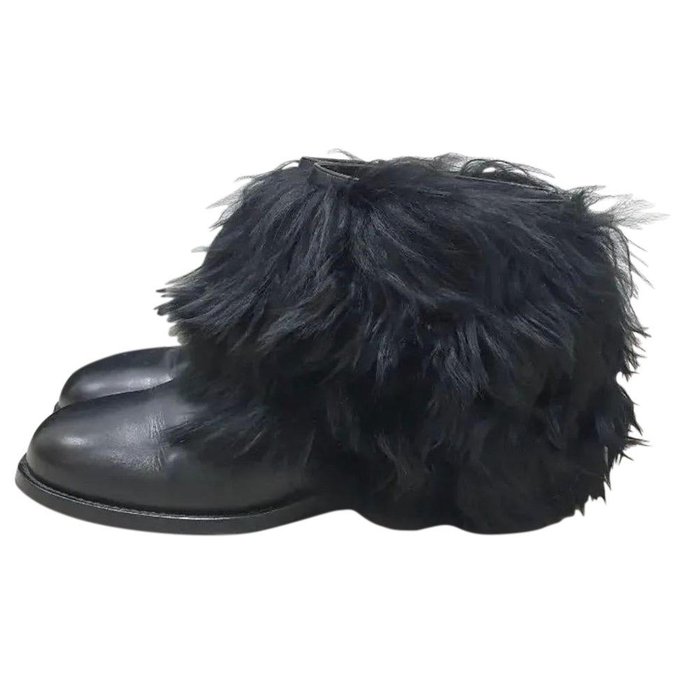 Chanel Black Leather Faux Fur Boots For Sale