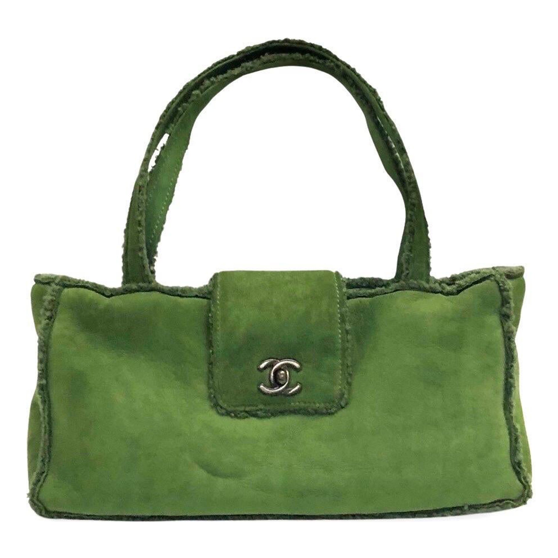 Chanel Green  Suede Shearling Trim CC Turnlock Shoulder Handbag For Sale