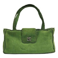 Vintage Chanel Green  Suede Shearling Trim CC Turnlock Shoulder Handbag