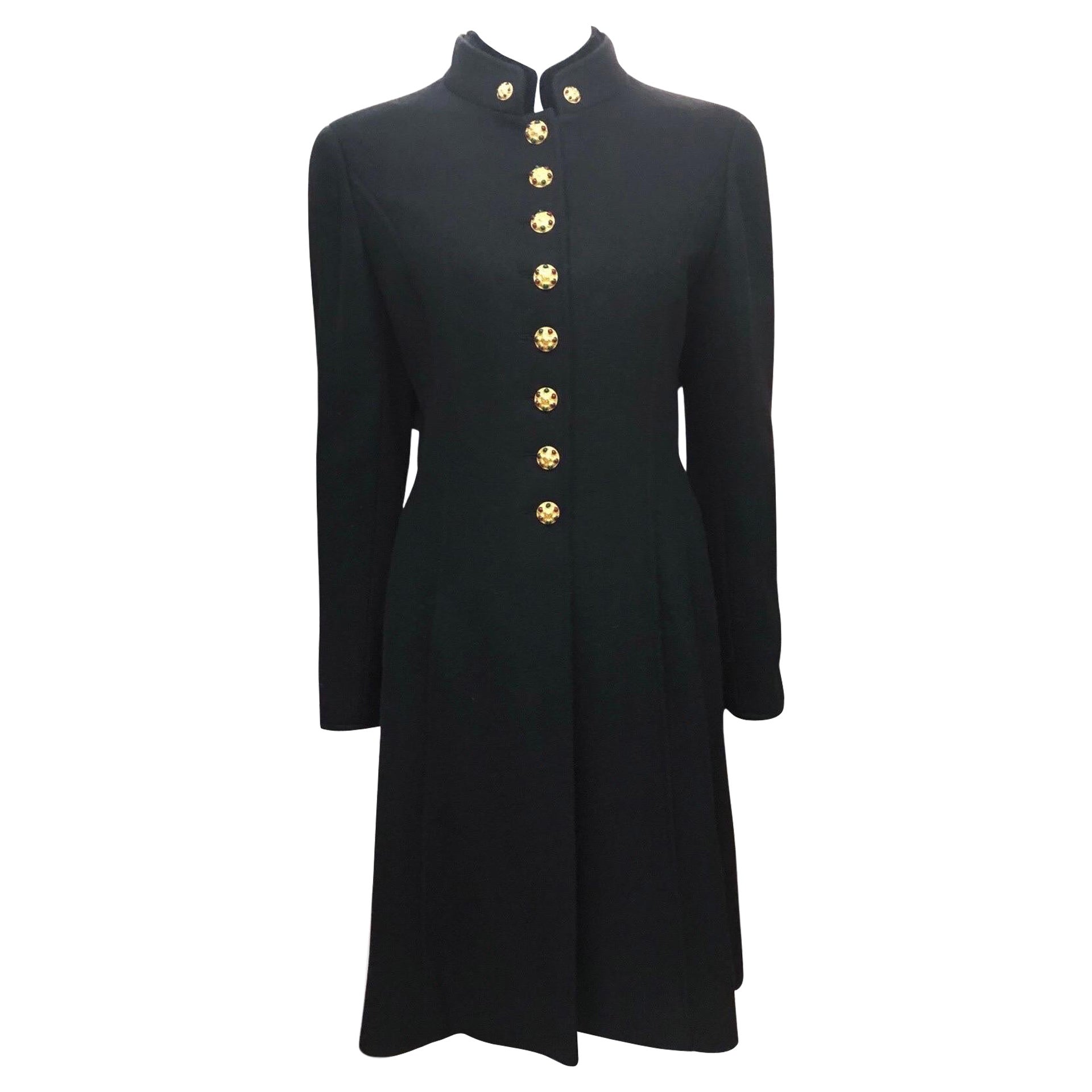Chanel Black Wool and Velvet Gripoix Jewelled Gold Toned buttons Long Jacket For Sale