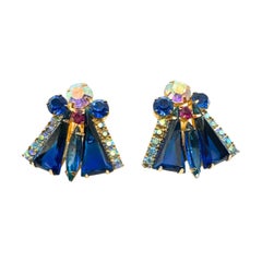 Vintage Julianna Earrings Blue Cut Glass and Rhinestone Earrings