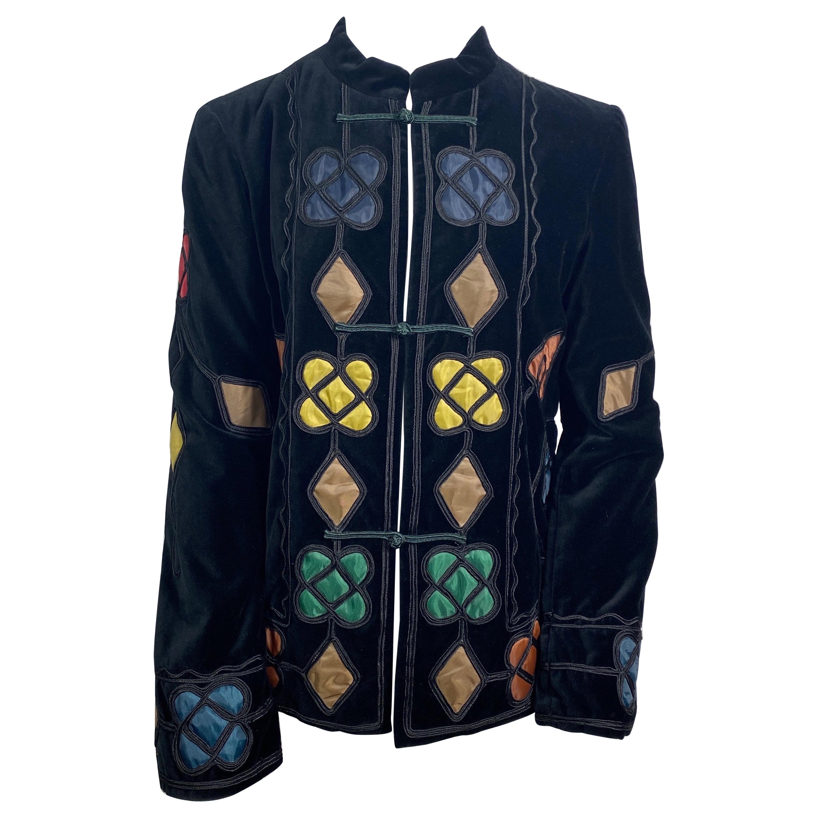 Giorgio Armani Black Velvet Jacket with Silk Geometric Inserts - Size 8 For Sale