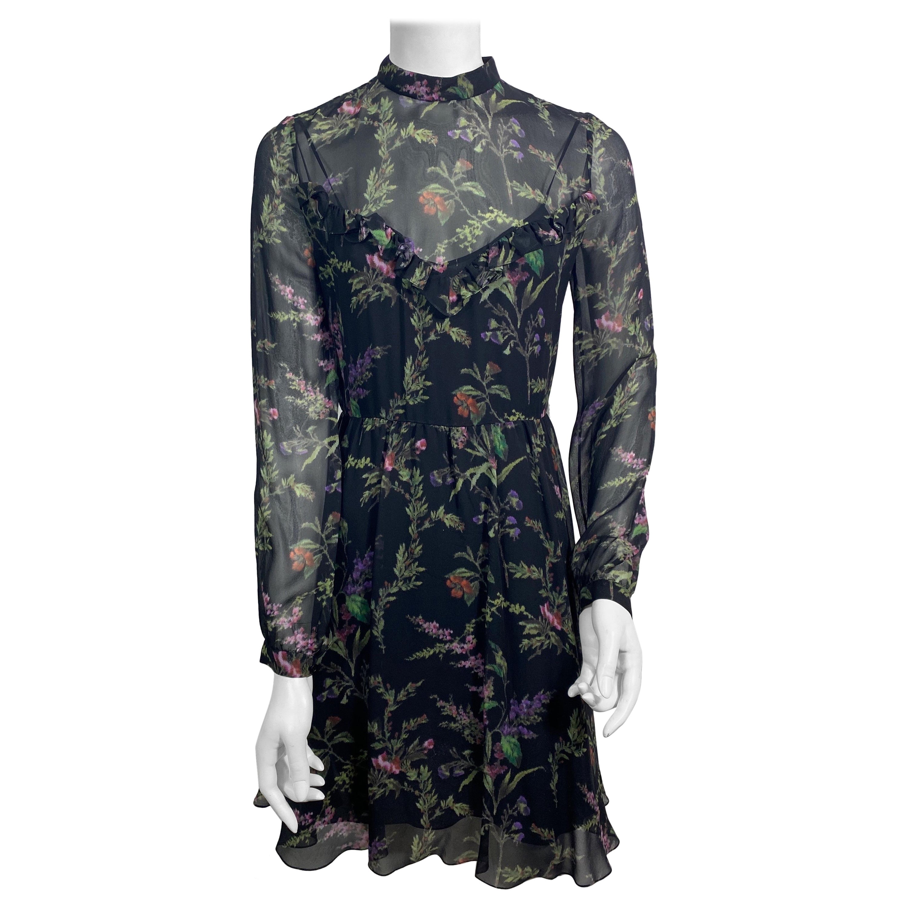 Christian Dior Black Floral Print Silk Chiffon Long Sleeve Dress - Size 36 For Sale