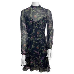Christian Dior Schwarzes langärmeliges Kleid aus Seidenchiffon mit Blumendruck und langen Ärmeln - Größe 36