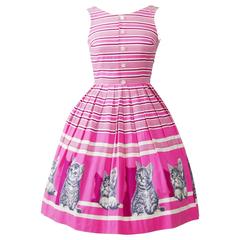 1950s Vintage Kittens Novelty Print Striped Pink Dress