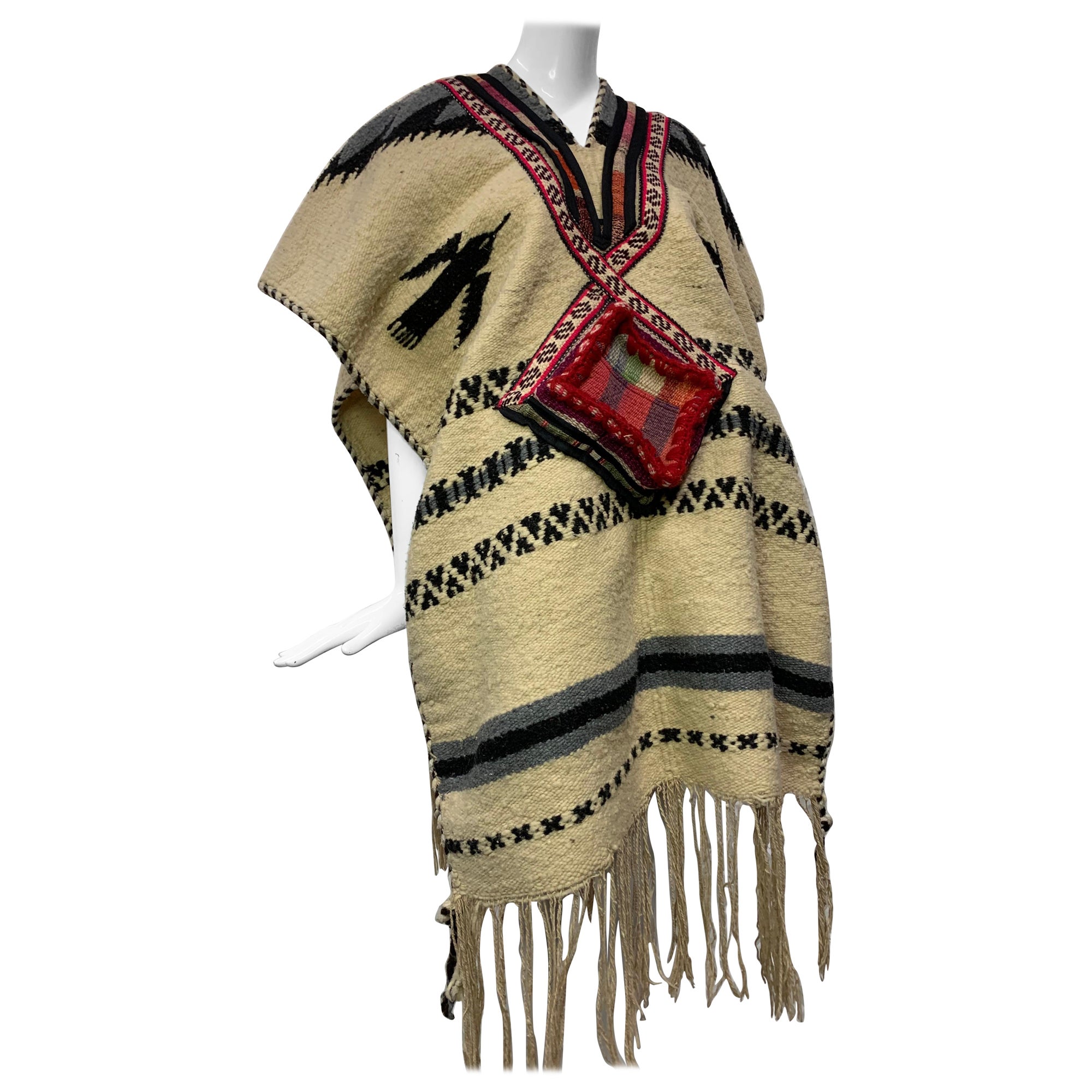 Torso Creations Hand-Woven Folkloric Poncho w Colorfully Woven Pouch Pockets For Sale