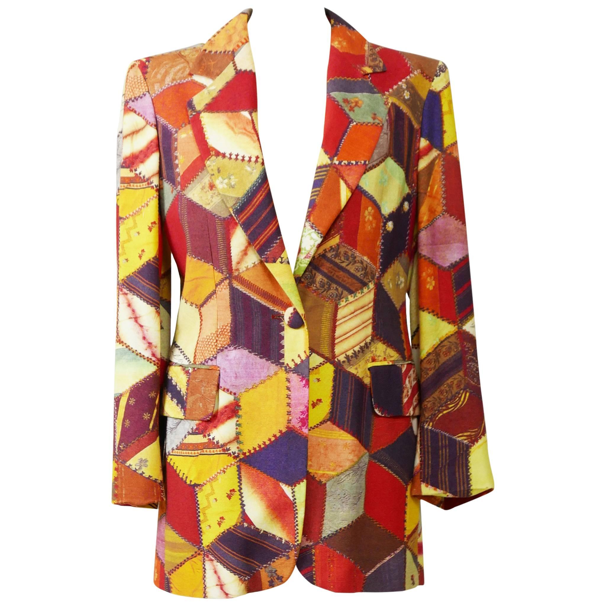 1990s MOSCHINO Cheap and Chic Patchwork Print Long Blazer Jacket