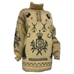 Vintage 1950s Black & Cream Intarsia Knitted Wool Turtleneck Sweater w Folkloric Pattern