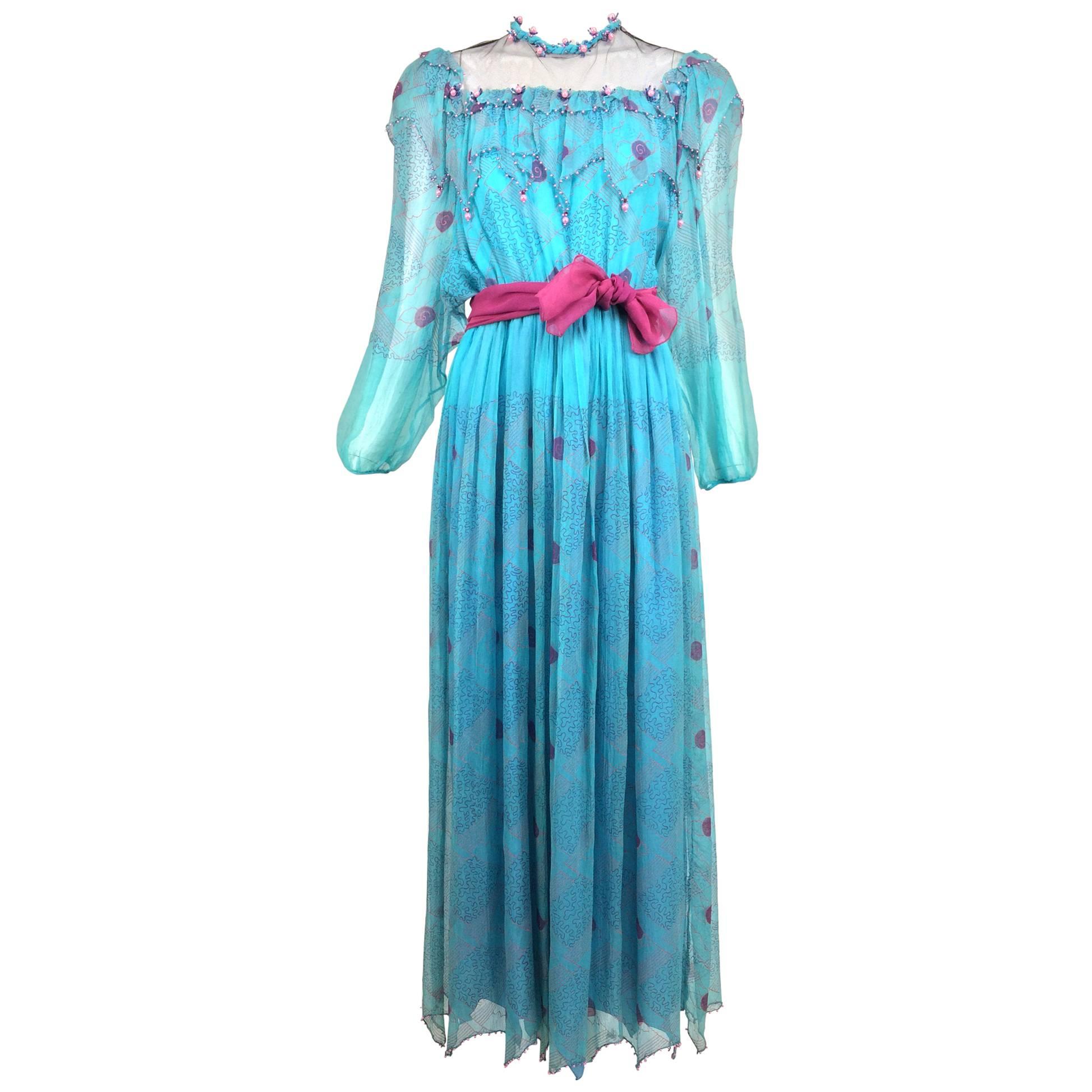 Zandra Rhodes printed turquoise silk chiffon beaded dress marked sample 1970s