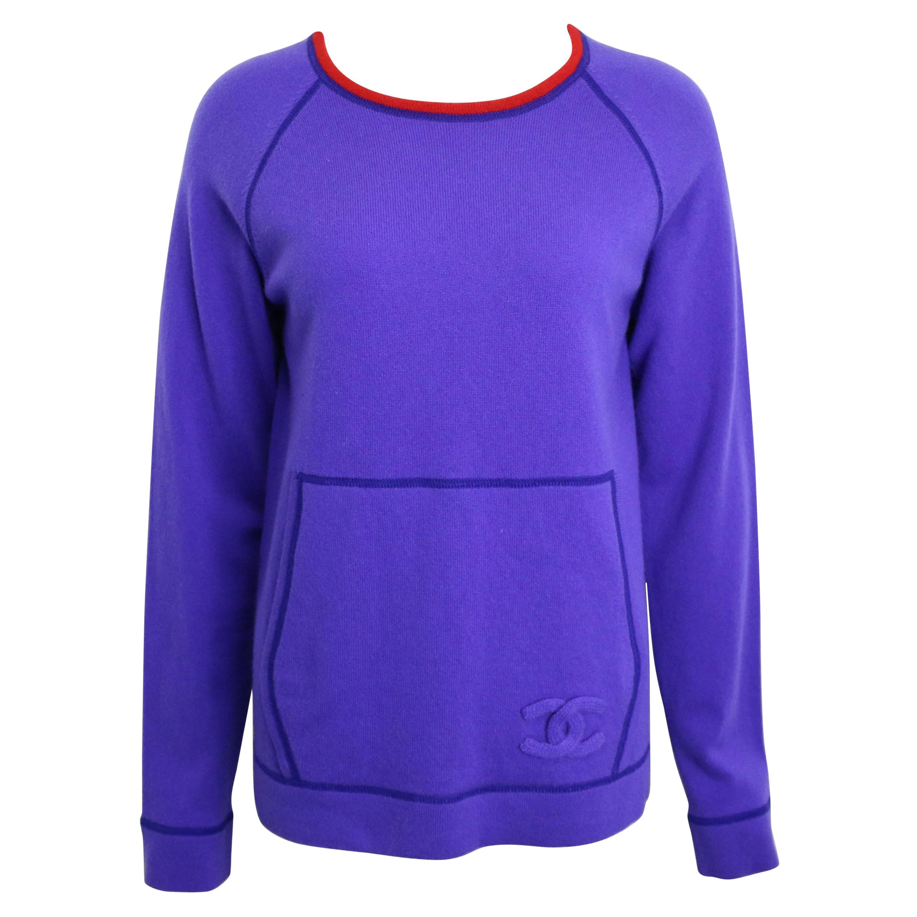 Chanel Purple with Red Trim Collar Pullover Cashmere Sweater  For Sale