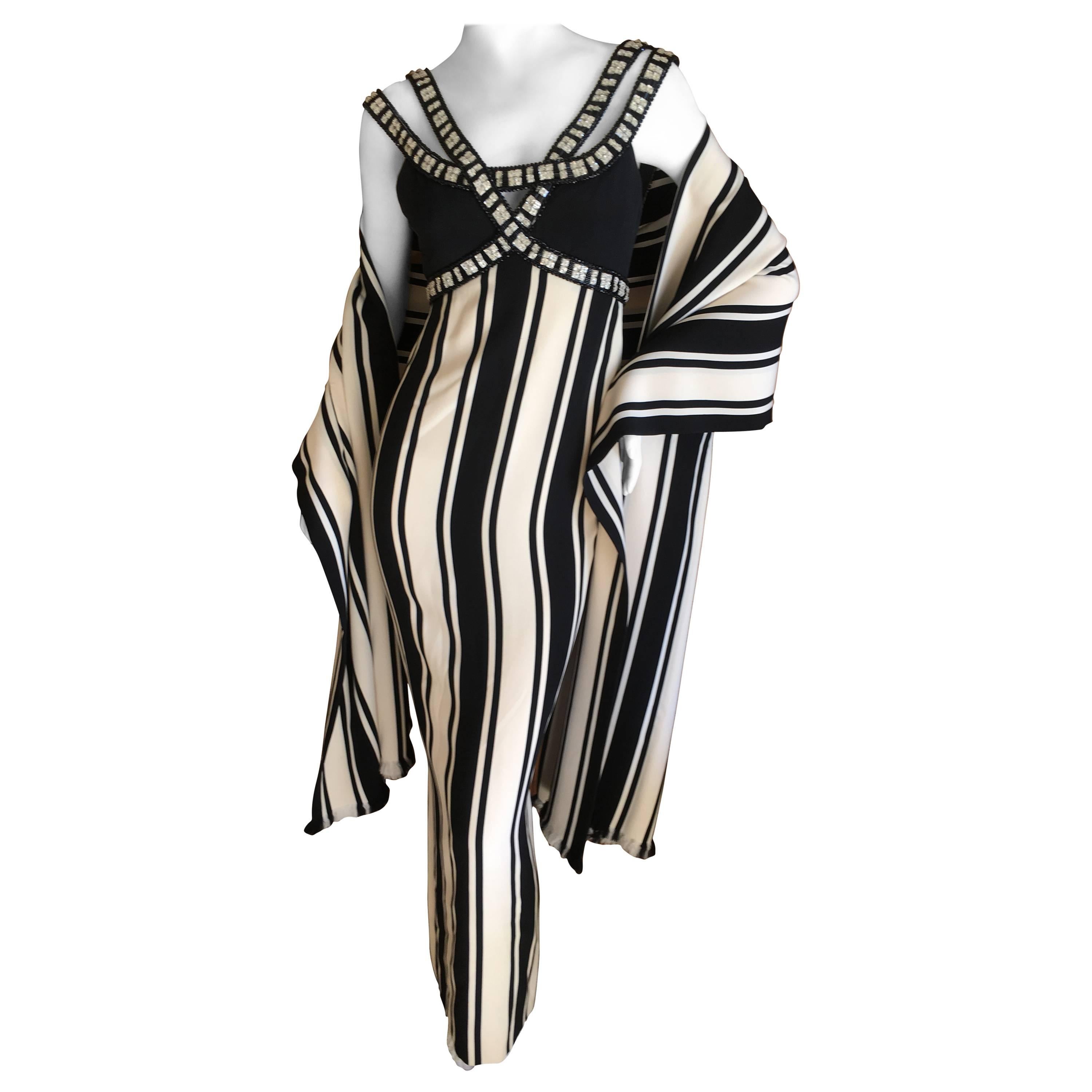Galanos Mod Jeweled Stripe Evening Dress with Fringe Shawl For Sale