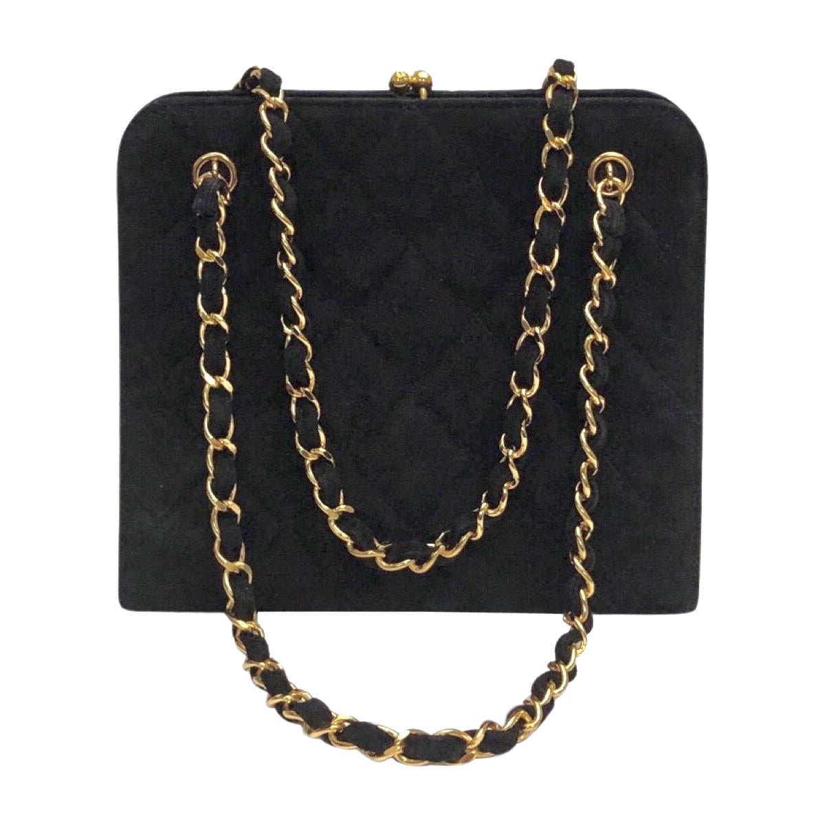 Chanel Black Suede Quilted Gold Toned Chain Box Handbag For Sale