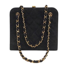 Chanel Black Suede Quilted Gold Toned Chain Box Handbag