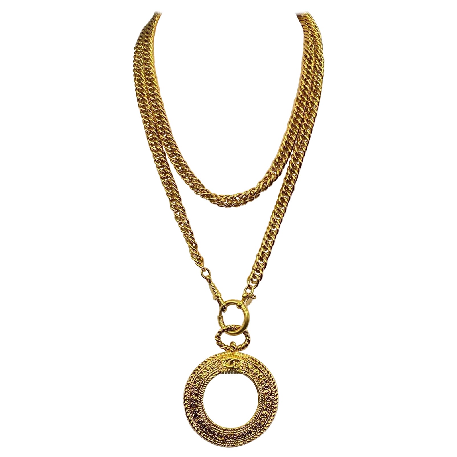 Chanel 39" Long Magnifying Glass Pendant Necklace, Early 1980s