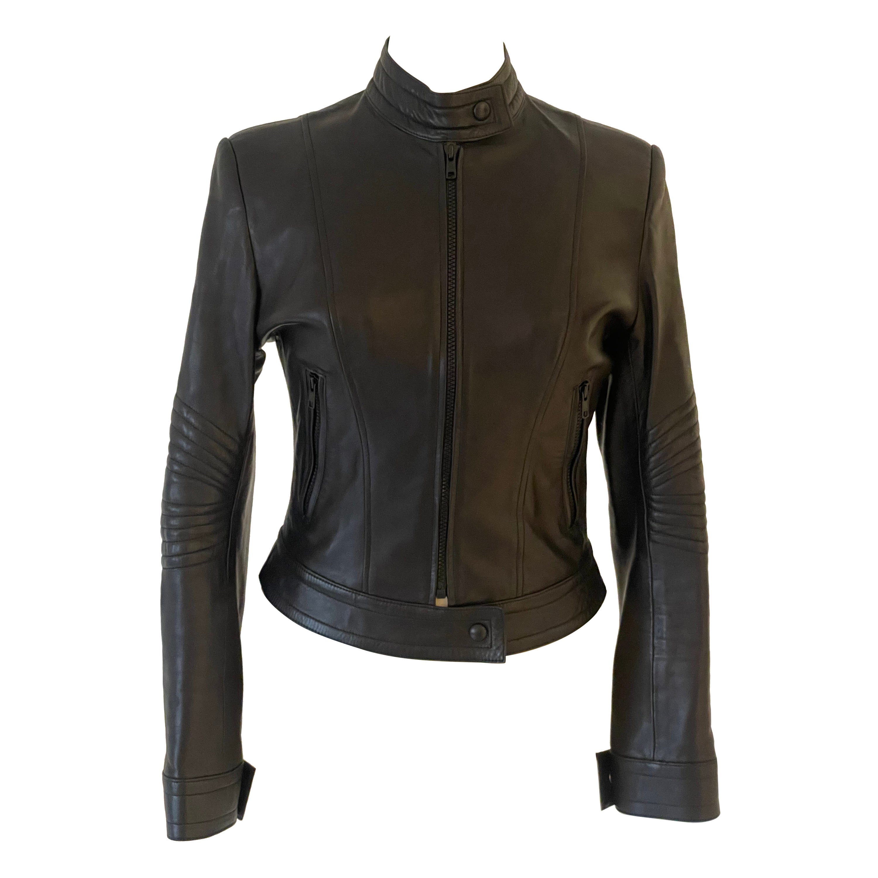 JEAN CLAUDE JITROIS Vintage cuir noir côtelé moto biker jacket IT38 S en vente