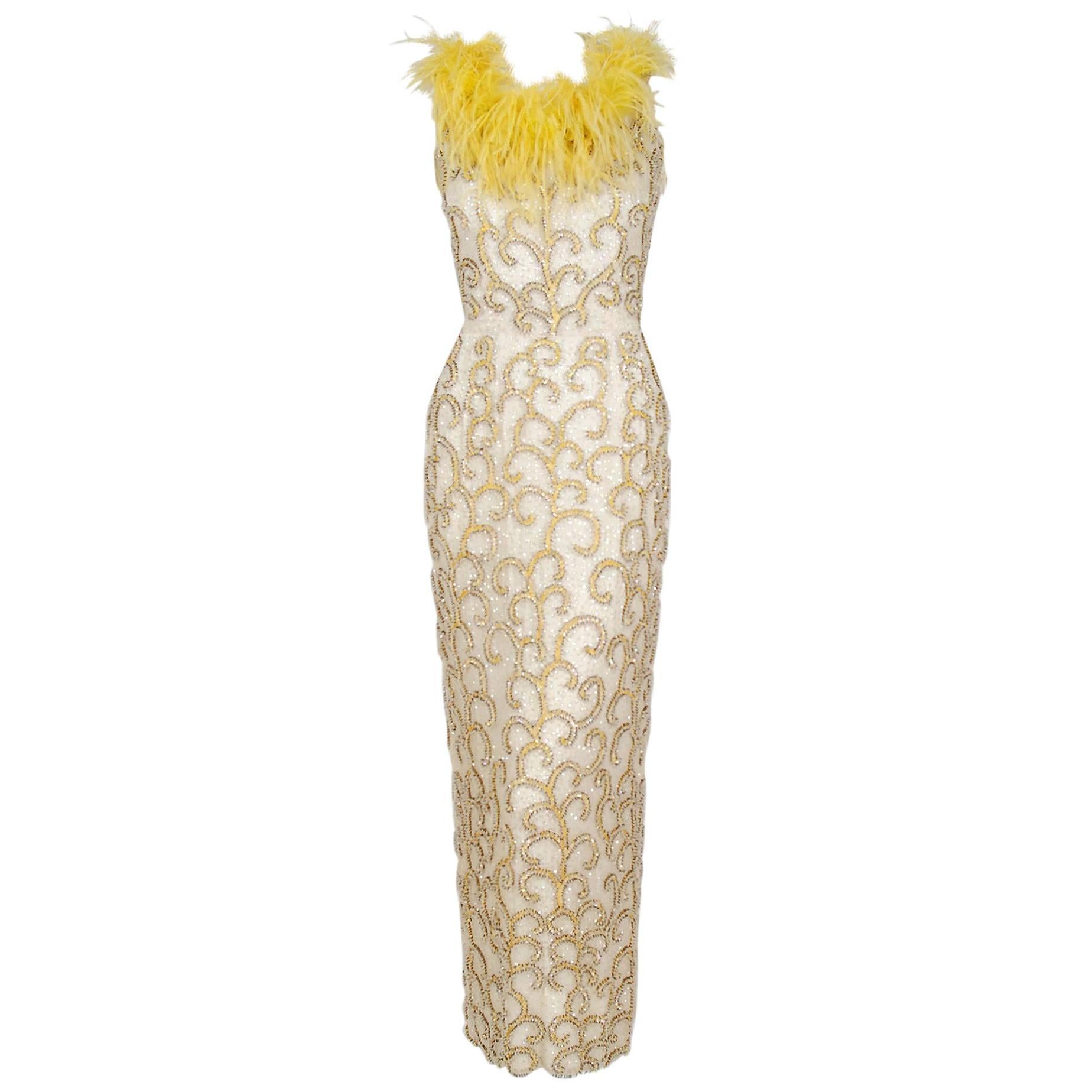 1960's Ivory & Yellow Beaded Sequin Silk Ostrich-Feather Collar Hourglass Gown 