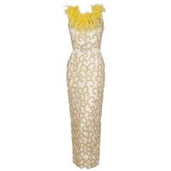 1960's Ivory & Yellow Beaded Sequin Silk Ostrich-Feather Collar Hourglass Gown 