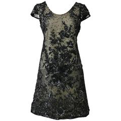 1960s Pirovano Italian Couture Black Sequins Embroidered Cocktail Mod Dress
