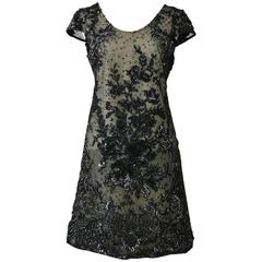 1960s Pirovano Italian Couture Black Sequins Embroidered Cocktail Mod Dress 