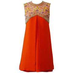 Vintage 1960s Italian Couture Orange Embroidered two Pc Cocktail Mod Mini Dress 
