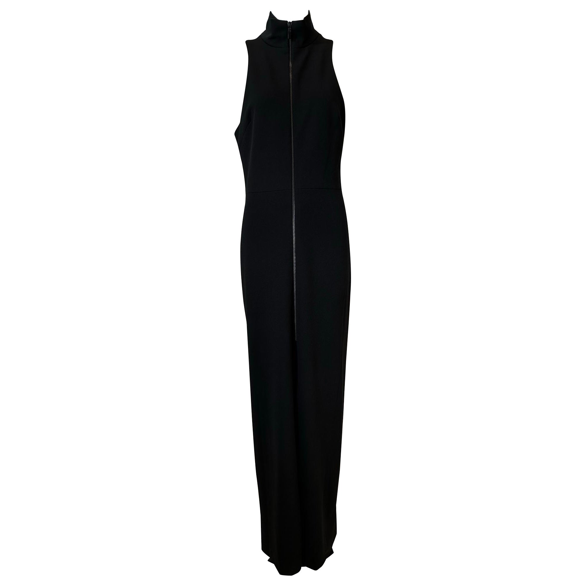 Vera Wang Black Knit Jersey Racer Shoulder Zipper Front Fitted Maxi Dress  For Sale