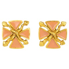 Vintage Antigona Paris Gilt Metal and Pink Enamel Maltese Cross Clip Earrings