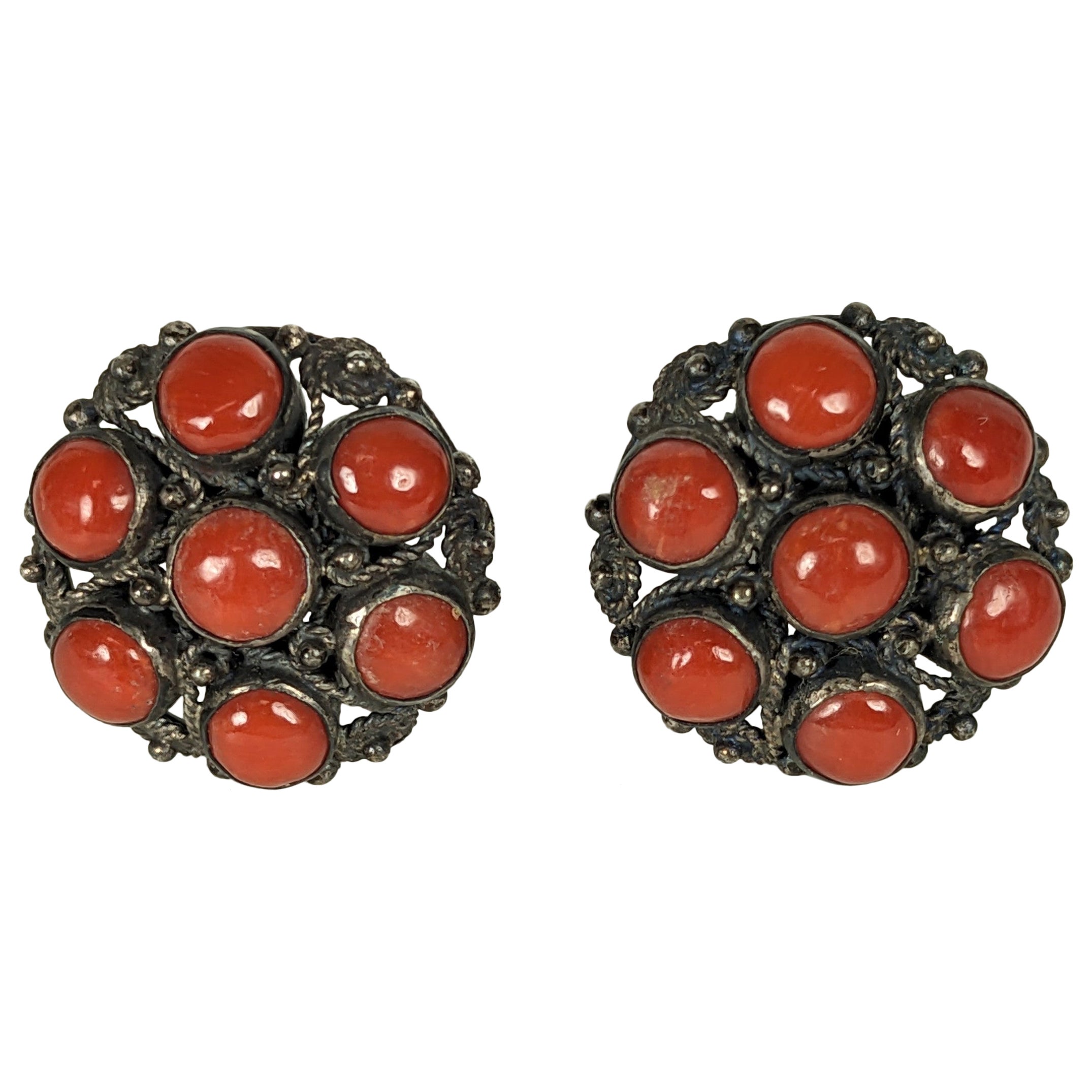 Red Coral Silver Filigree Button Earclips