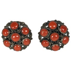 Red Coral Silver Filigree Button Earclips